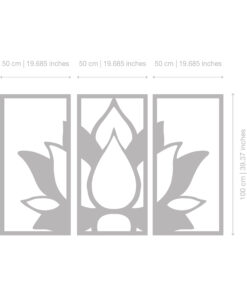 Three grayscale framed panels in a row showing a stylized leaf-and-flower motif (decorative illustration).