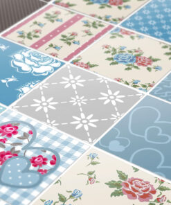 Collage of decorative tile patterns featuring florals, stripes, checks, and hearts in pastel blues, pinks, and creams.