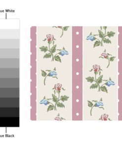 Fabric swatch: cream background with pink floral vines and border stripes, pink polka-dot sides, vintage pattern.