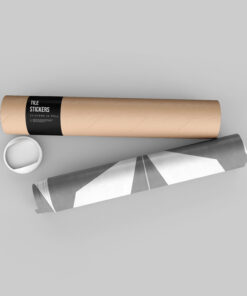 Rolled cardboard tube packaging with a black label reading 'Tile Stickers' on a light gray surface.