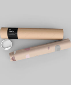 Rolled kraft-paper tube with a black label that reads 'Tile Stickers' on a gray background.