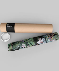 Rolled tile stickers package labeled Tile Stickers on a gray background, with a tropical-patterned strip nearby and a white cup edge visible.