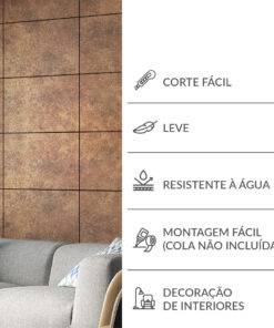 Left side shows a textured brown tile wall grid; right side features large Portuguese headings with icons for Easy Cut (Corte Fácil), Light/Thin (Leve), Water-Resistant (Resistente à Água) and interior decoration themes. A sofa is visible at the bottom edge.
