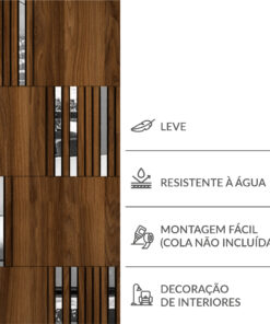 Wooden panel texture with vertical slats on the left; the right shows white space with icons and Portuguese captions like 'LEVE' and 'RESISTENTE À ÁGUA'.