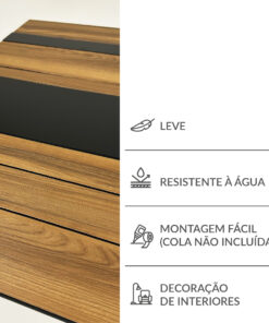 Wooden slatted surface on the left; right side shows product features and Portuguese text such as 'RESISTENTE À ÁGUA' and 'MONTAGEM FÁCIL'