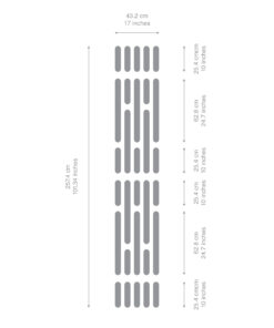 Dimensional schematic of a finned component: two vertical banks of rounded fins with spacing arrows, showing overall width about 43.2 cm (17 in) and height around 62.8 cm (24.7 in).