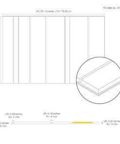 Technical schematic showing a long rectangular panel with vertical divisions and a circular zoom of a wooden crate inside.