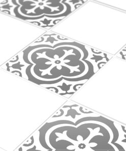 Patterned grey and white tile floor with ornate floral motifs, alternating with plain white tiles in a diagonal layout.