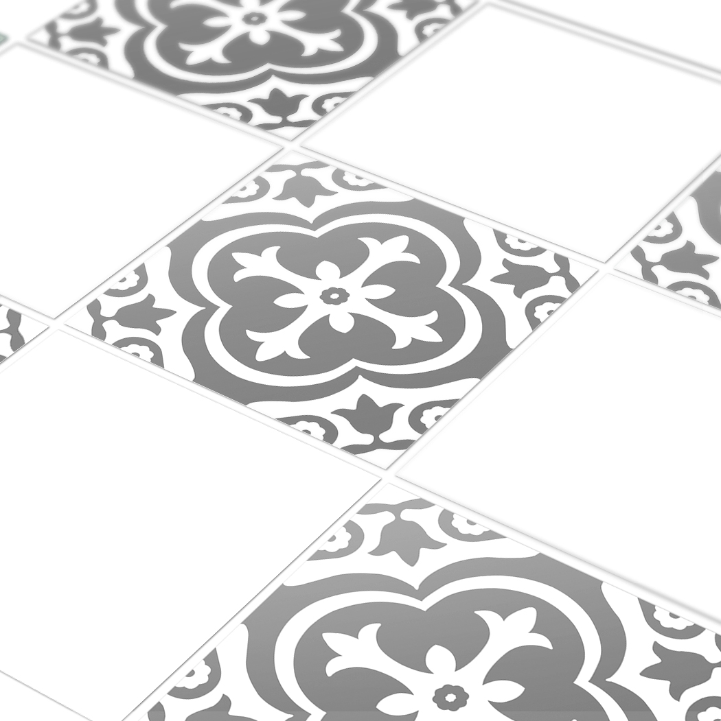 detail - image size | Casadart | Vinis Autocolantes, Papel de Parede e Painéis Decorativos Patterned grey and white tile floor with ornate floral motifs, alternating with plain white tiles in a diagonal layout.