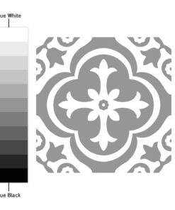 Decorative grayscale tile pattern with a central floral motif, shown beside a grayscale color swatch from white to black.