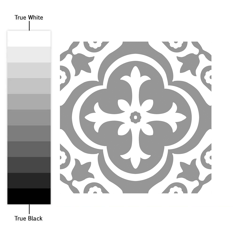 escala | Casadart | Vinis Autocolantes, Papel de Parede e Painéis Decorativos Decorative grayscale tile pattern with a central floral motif, shown beside a grayscale color swatch from white to black.