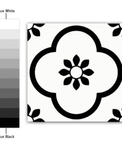 Decorative square tile with a large black-outlined flower motif on white background; grayscale swatch shown to the left.