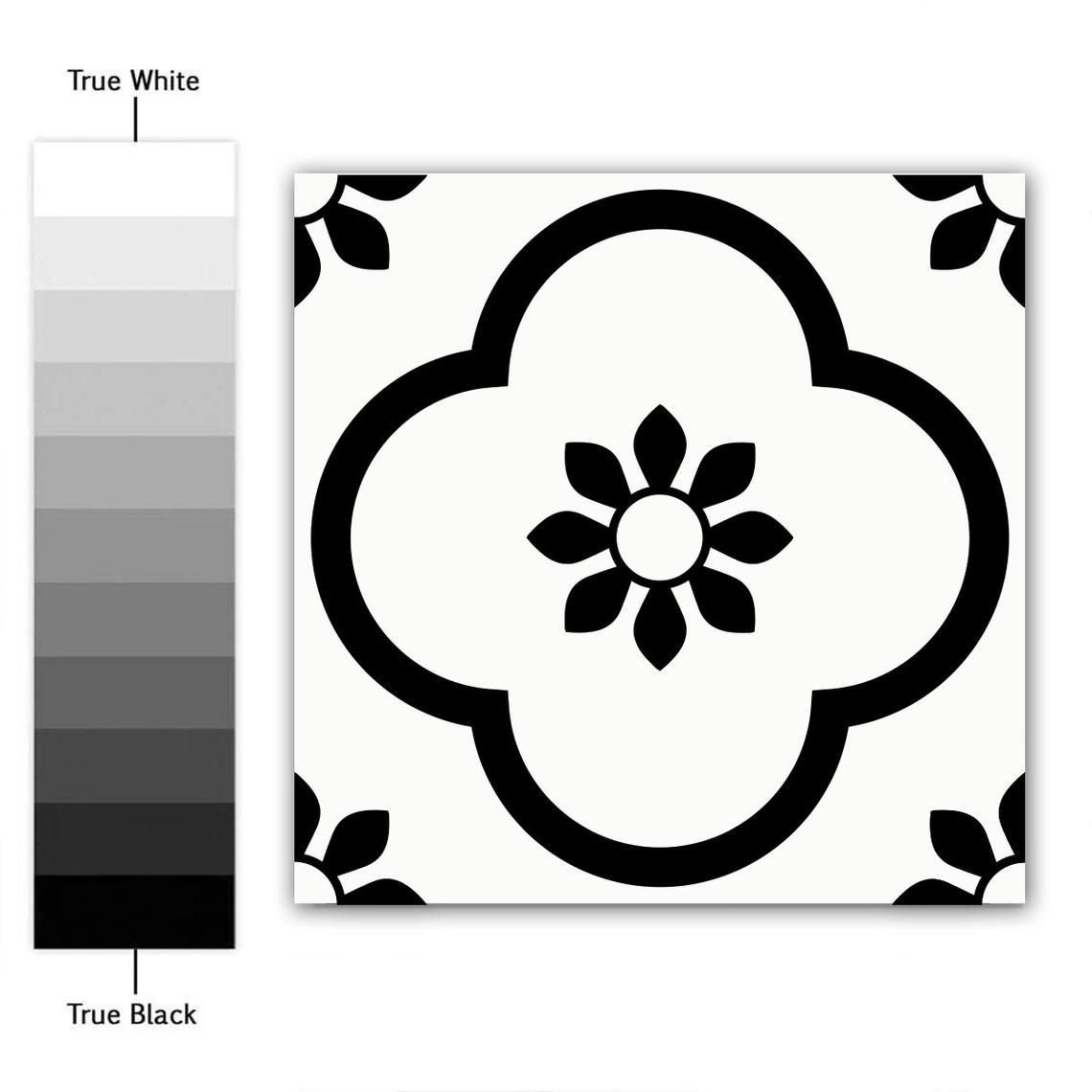 il_1140xN1609095806_gxul | Casadart | Vinis Autocolantes, Papel de Parede e Painéis Decorativos Decorative square tile with a large black-outlined flower motif on white background; grayscale swatch shown to the left.