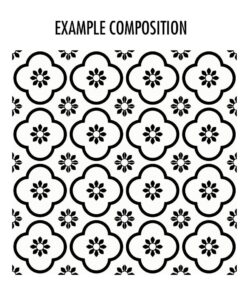 Black-and-white decorative pattern with large quatrefoil flowers outlined in black and a central bloom, repeated with smaller flowers between them.