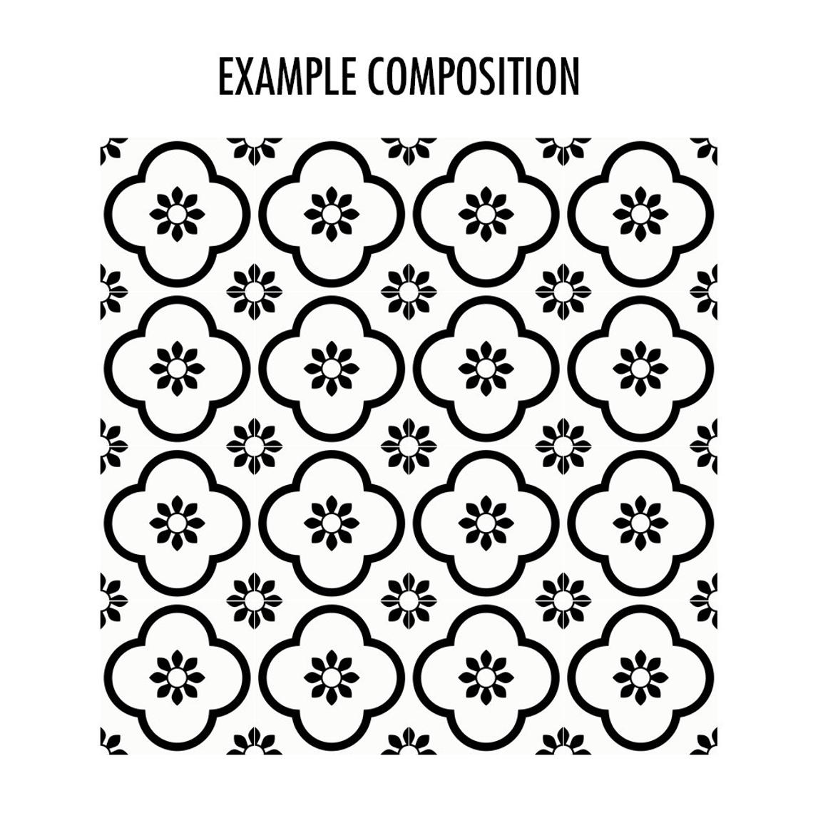 il_1140xN1609096044_fx6c | Casadart | Vinis Autocolantes, Papel de Parede e Painéis Decorativos Black-and-white decorative pattern with large quatrefoil flowers outlined in black and a central bloom, repeated with smaller flowers between them.
