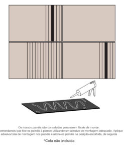 Diagrama de montagem de painéis de parede em duas filas; pistola de cola aplica adesivo à placa preta com linha ondulada; texto: cola não incluída.