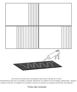 Instructional diagram of wall panels layout with vertical slats; a glue gun applies adhesive to a dark panel, note: glue not included.