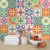 | Casadart | Vinis Autocolantes, Papel de Parede e Painéis Decorativos Colorful tile-patterned wall over a wooden countertop with a stack of white books, a utensil holder with wooden spoons, and a bowl of peaches.