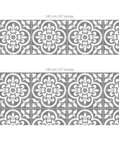 Decorative gray ceramic tiles with repeating circular floral motifs in a grid; top strip 145 cm by 40 cm, bottom section 145 cm by 60 cm.