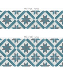 Two long rectangular ceramic tile panels with a blue and gray geometric star pattern arranged in diagonal diamonds; top panel measures 145 cm by 40 cm, bottom panel 145 cm by 60 cm.