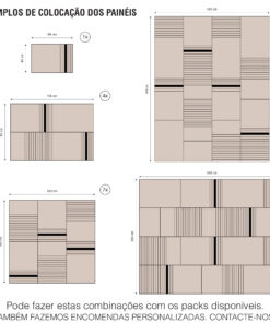 Layout diagram showing panel installation examples with labeled dimensions (cm) and counts (1x, 4x, 7x, 17x); beige panels with striped accents on a white background.