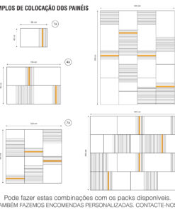 Diagram of panel layouts showing measured widths and heights, with orange highlight strips indicating packs (1x, 4x, 7x, 17x).