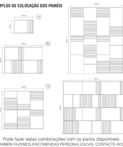 Graphic showing layout examples for panel placement with dimensions and counts (1x, 4x, 7x, 17x). Left: small 40 cm by 58 cm panel; bottom-left: larger 80 cm by 116 cm panel; right: large grid 203 cm by 160 cm with multiple striped and solid sections.