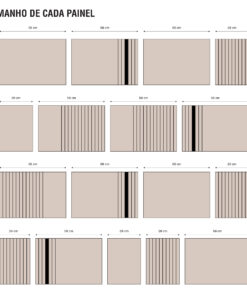 Diagram of panel sizes titled 'TAMANHO DE CADA PAINEL' showing multiple beige panels with measurement arrows: first row widths 58 cm, 58 cm, 58 cm, 29 cm; each panel height 40 cm. Second row with similar panels and striped sections; overall layout with dimension lines along top and bottom.