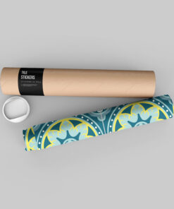 Rolled cardboard poster tube with a black 'Tile Stickers' label and a colorful patterned sheet nearby.