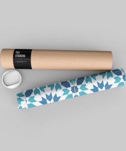 Rolled cardboard poster tubes on a gray surface, one with a black label reading 'Tile Stickers' and geometric-pattern wrapping nearby.