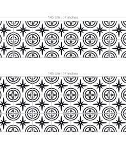 Repeating black-and-white geometric pattern with circular rings and six-pointed star motifs across a rectangular tile.