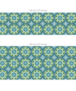 Repeating teal and yellow mandala-style tile pattern with blue accents across multiple tiles.