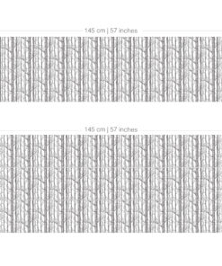 Decorative wallpaper pattern: vertical strip of repeating grayscale bare-tree silhouettes with dimension markings along the edges.