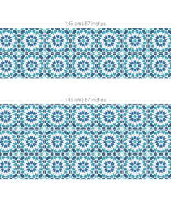 Repeating geometric tile pattern in blue, teal, and white with star-like motifs across a grid.