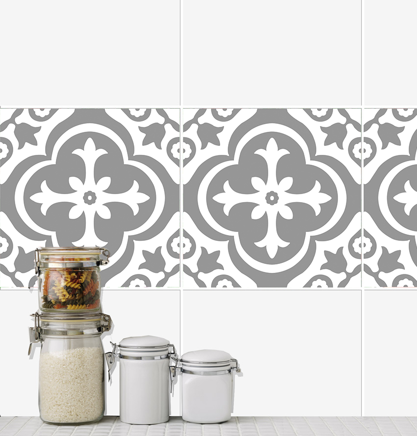 | Casadart | Vinis Autocolantes, Papel de Parede e Painéis Decorativos Stack of glass jars with pasta and rice on a tiled kitchen counter against a gray patterned backsplash.