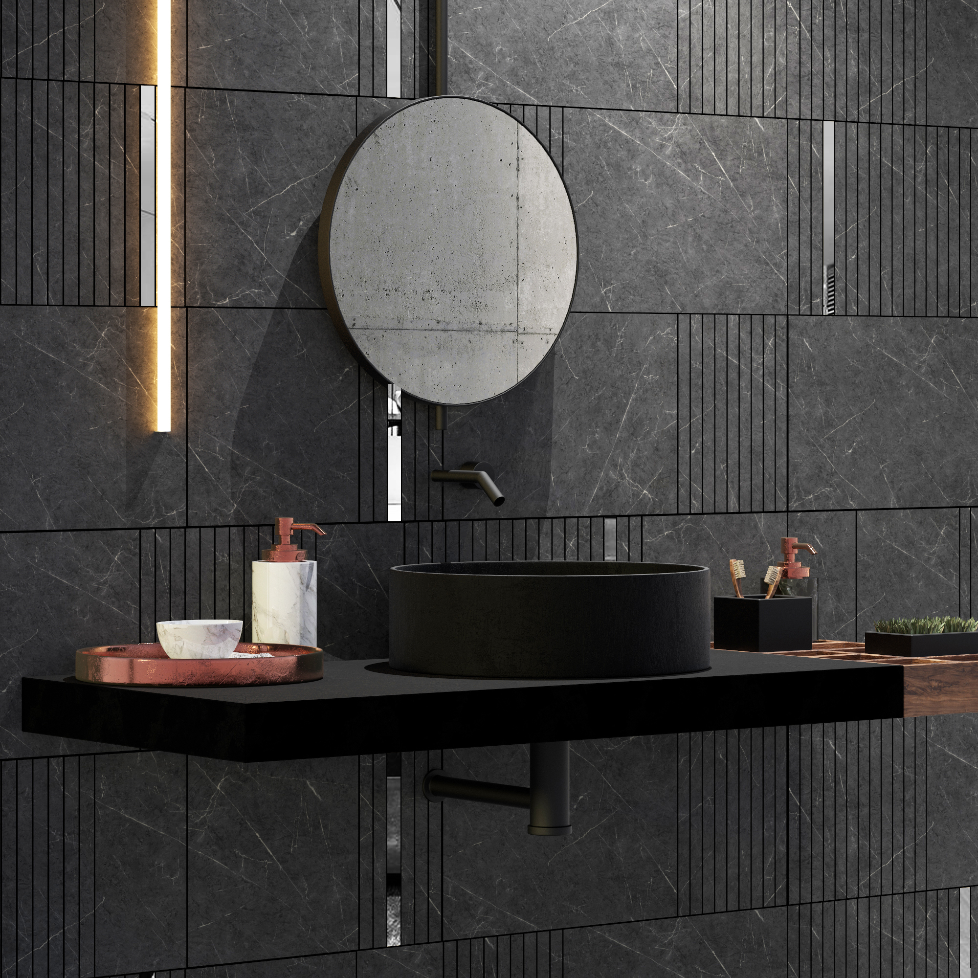 PM007-WC-775787--prata-2 | Casadart | Vinis Autocolantes, Papel de Parede e Painéis Decorativos Minimalist bathroom: round concrete mirror above a black vessel sink, set against dark marble walls with linear tile accents.