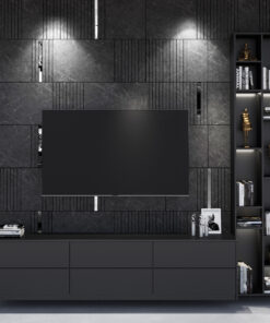 Modern living room with a dark marble wall, a large flat-screen TV mounted above a dark storage console, and a tall bookshelf displaying books and gold statues.