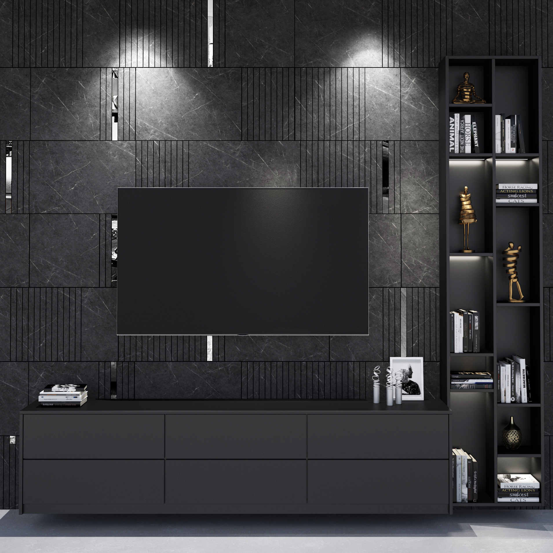 PM007-WC-775787--prata-3 | Casadart | Vinis Autocolantes, Papel de Parede e Painéis Decorativos Modern living room with a dark marble wall, a large flat-screen TV mounted above a dark storage console, and a tall bookshelf displaying books and gold statues.