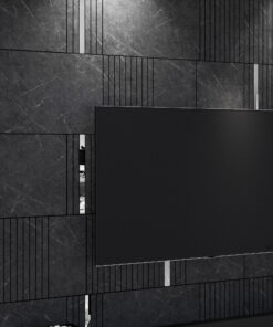 Dark marble wall with slim black grout lines forming a grid and a large black rectangular panel in the foreground.