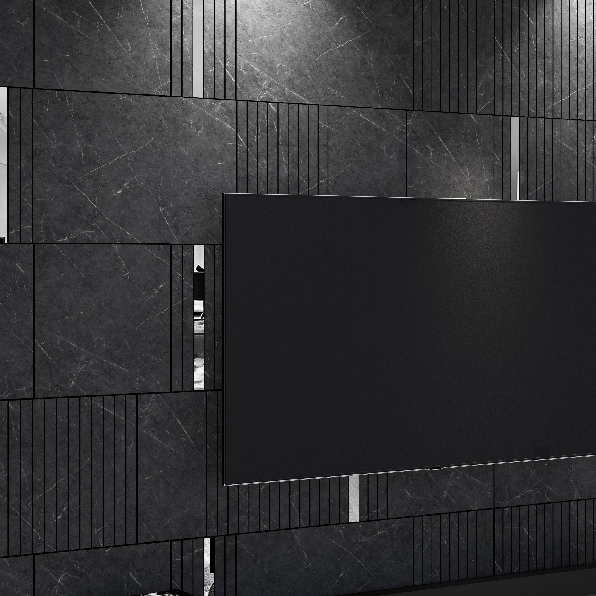 PM007-WC-775787--prata-4 | Casadart | Vinis Autocolantes, Papel de Parede e Painéis Decorativos Dark marble wall with slim black grout lines forming a grid and a large black rectangular panel in the foreground.
