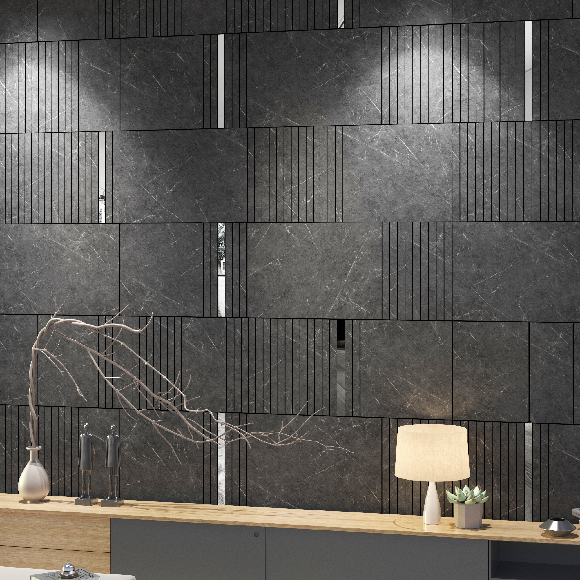 PM007-WC-775787--prata-7 | Casadart | Vinis Autocolantes, Papel de Parede e Painéis Decorativos Modern kitchen display with dark marble tiled wall, light wood countertop, and decorative fixtures like a pendant lamp and small plants.