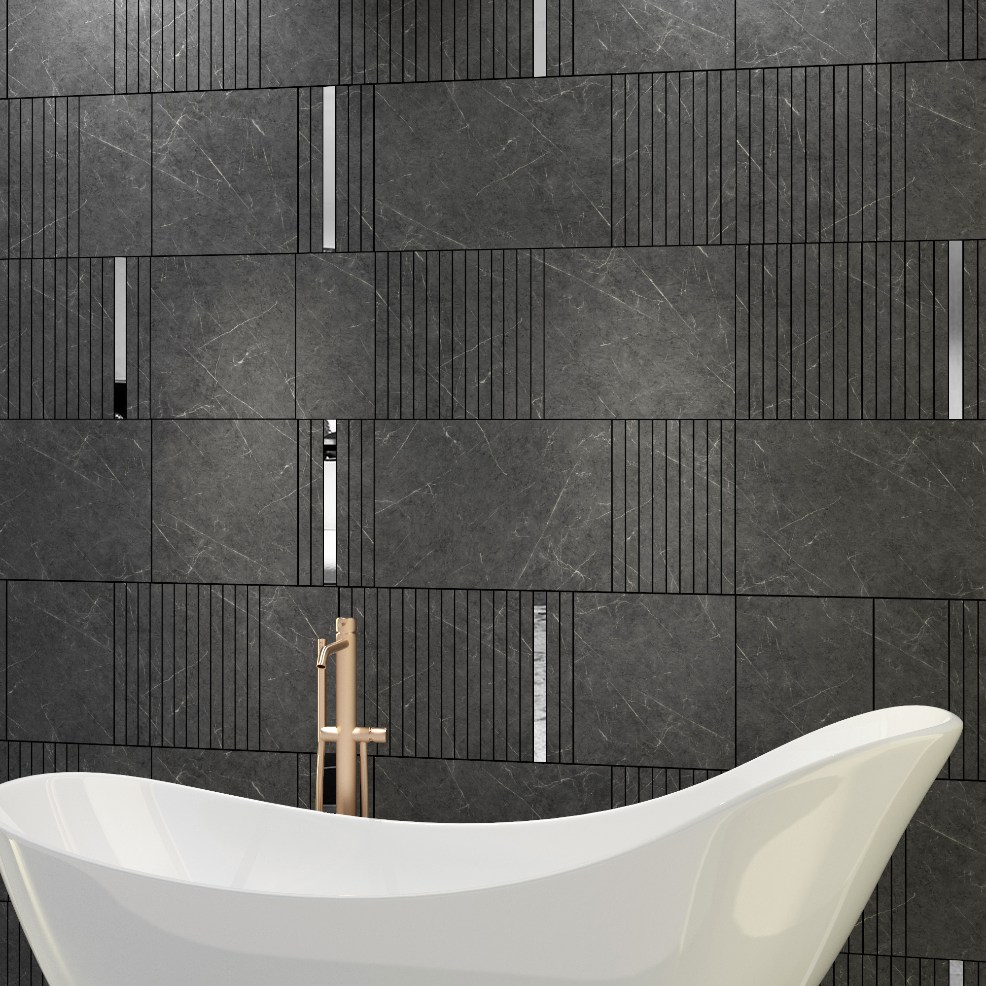 PM007-WC-775787--prata-8 | Casadart | Vinis Autocolantes, Papel de Parede e Painéis Decorativos White freestanding bathtub with a gold faucet in a dark marble-tiled bathroom backdrop.