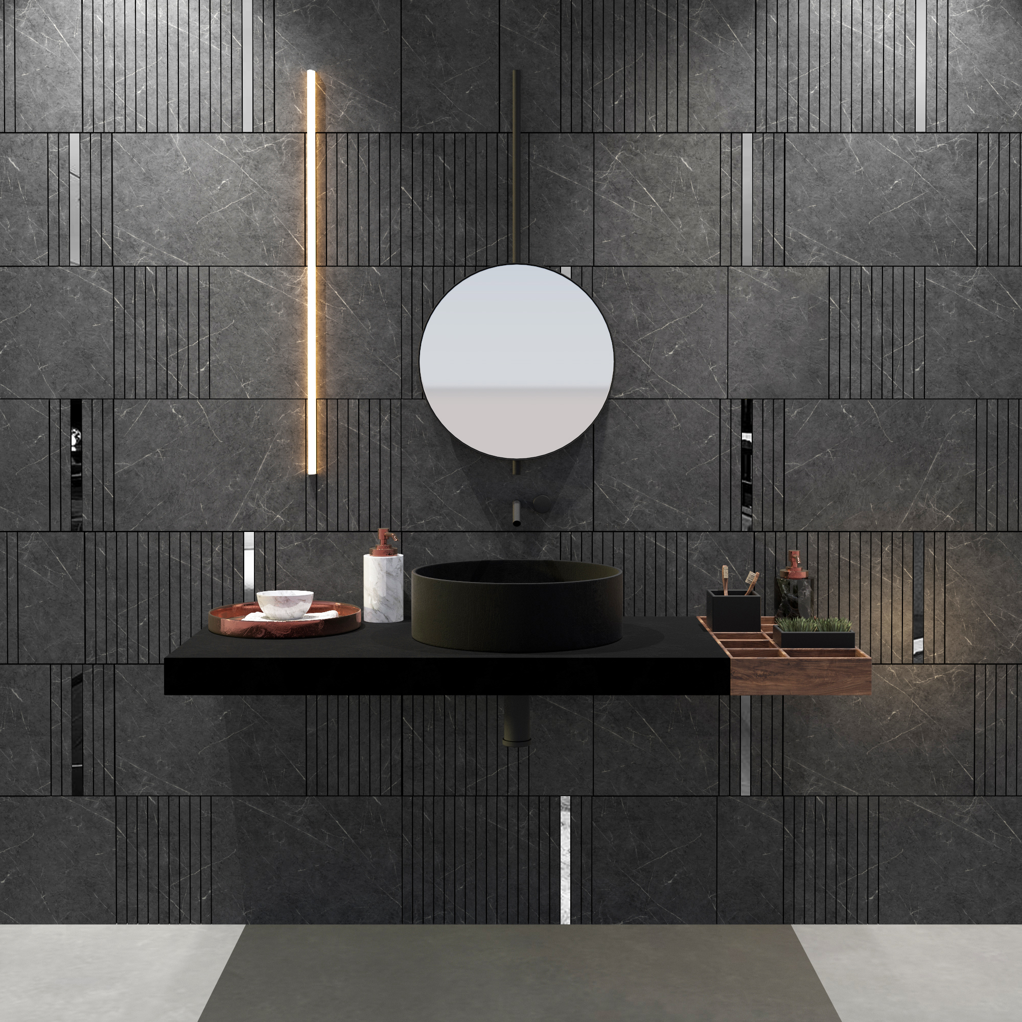 PM007-WC-775787--prata | Casadart | Vinis Autocolantes, Papel de Parede e Painéis Decorativos Modern bathroom display with dark marble tiles, a round mirror, vertical light bar, and a sleek black vanity.
