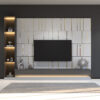 | Casadart | Vinis Autocolantes, Papel de Parede e Painéis Decorativos Modern showroom kitchen with grey cabinets, gold trim, and a dark central panel; open shelves on the left with decorative items illuminated by warm light.