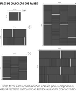 Infographic showing examples of panel placement with measurements in cm; left side has smaller stacked panels (1x and 4x indicators), right side features a large tiled panel layout with many subdivisions and dimensions labeled in cm. The Portuguese caption at the bottom references available packs and custom orders.