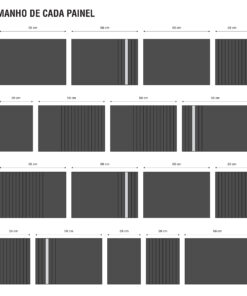 Diagram labeled 'TAMANHO DE CADA PAINEL' showing multiple dark gray panels with dimension marks (58 cm, 29 cm, 40 cm) across rows and columns.