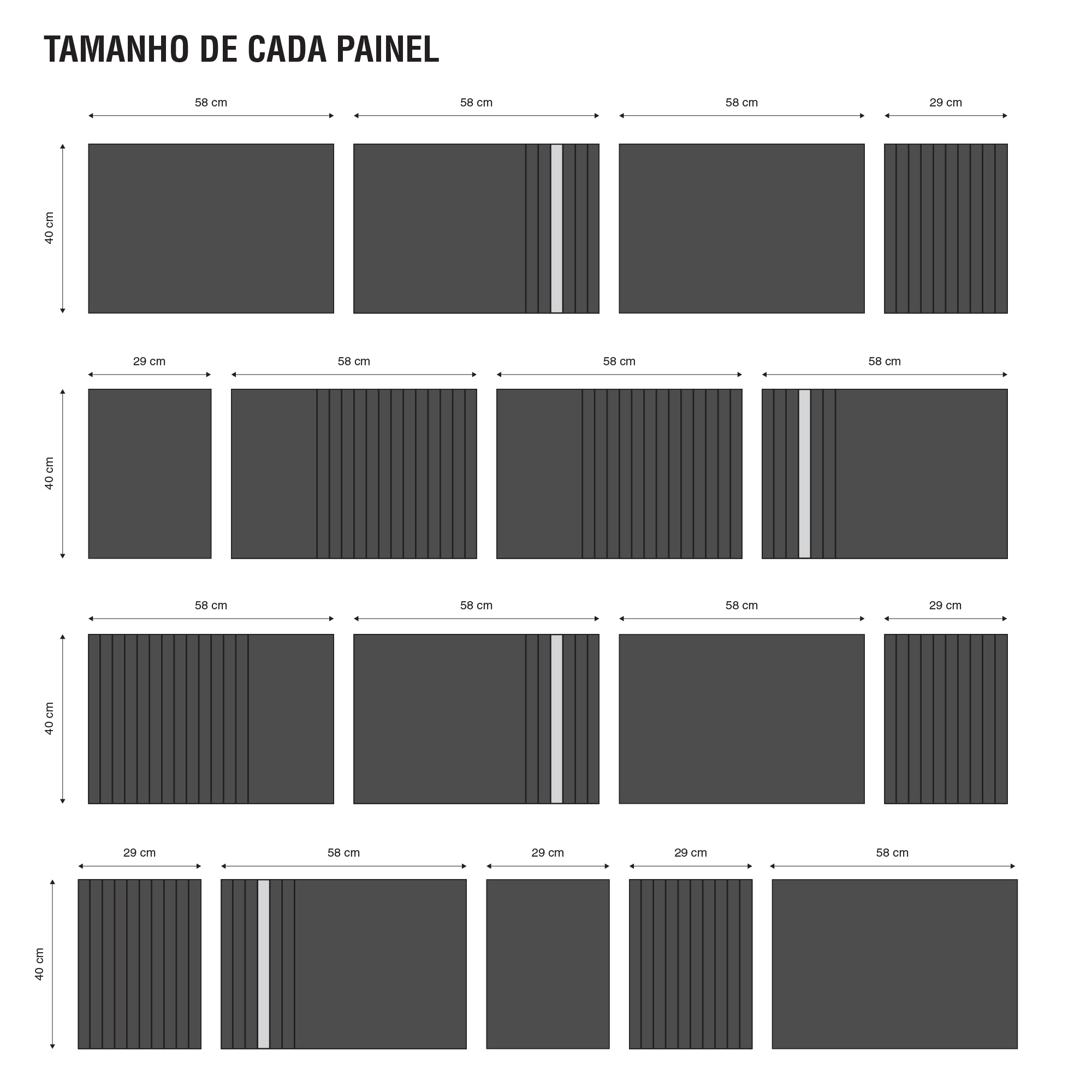 medidas 2025-04 | Casadart | Vinis Autocolantes, Papel de Parede e Painéis Decorativos Diagram labeled 'TAMANHO DE CADA PAINEL' showing multiple dark gray panels with dimension marks (58 cm, 29 cm, 40 cm) across rows and columns.